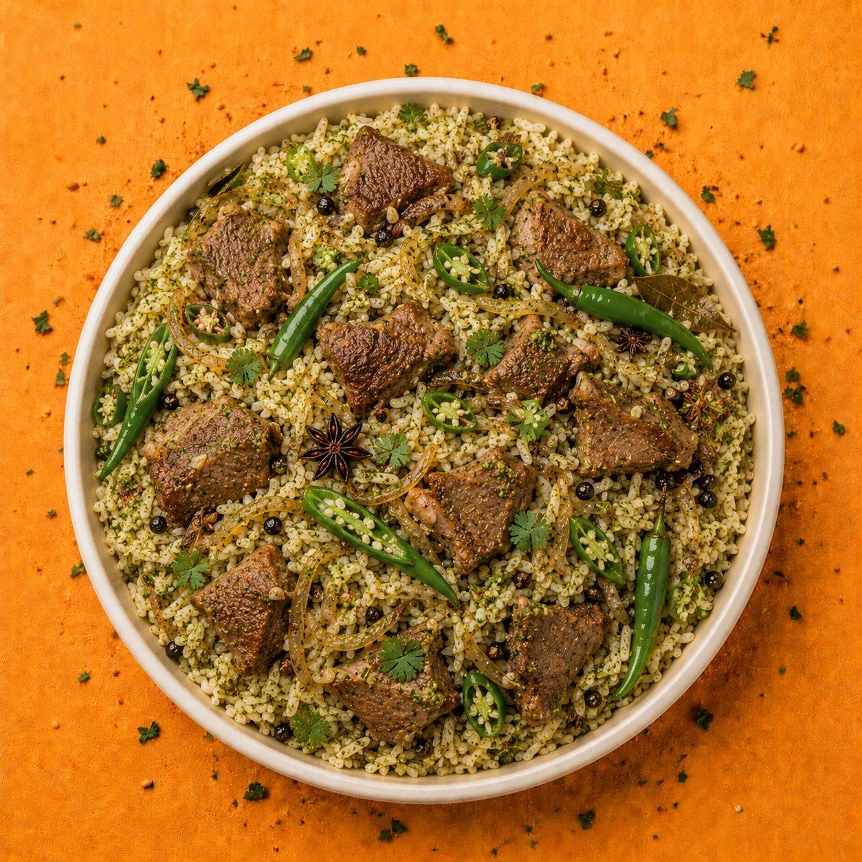 Green Chili Goat Pulao.