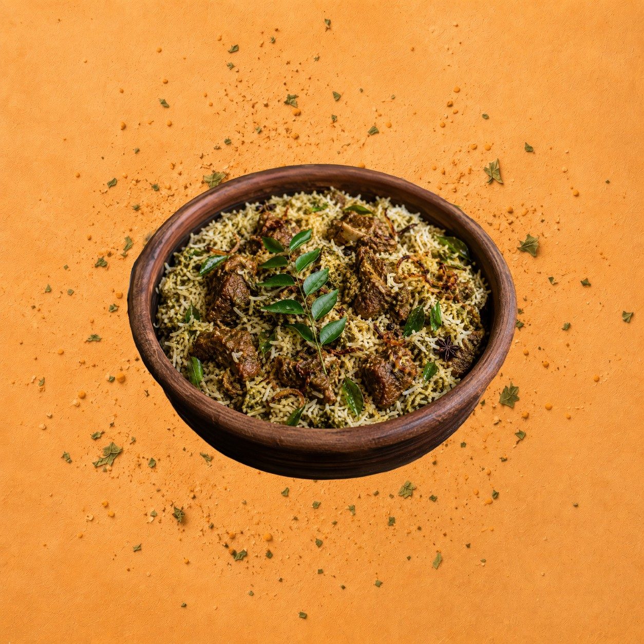 Curry Leaf Goat Biryani.