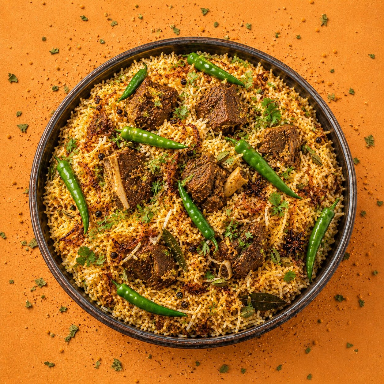 Green Chili Goat Biryani.