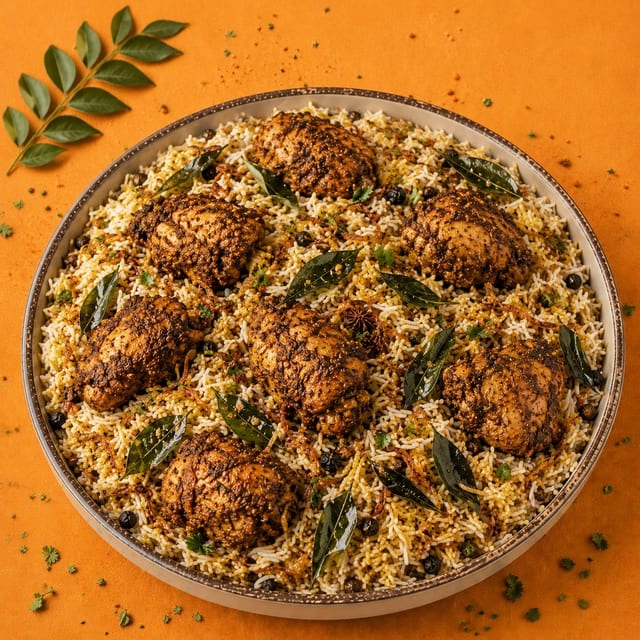 Curry Leaf Chicken Biryani.